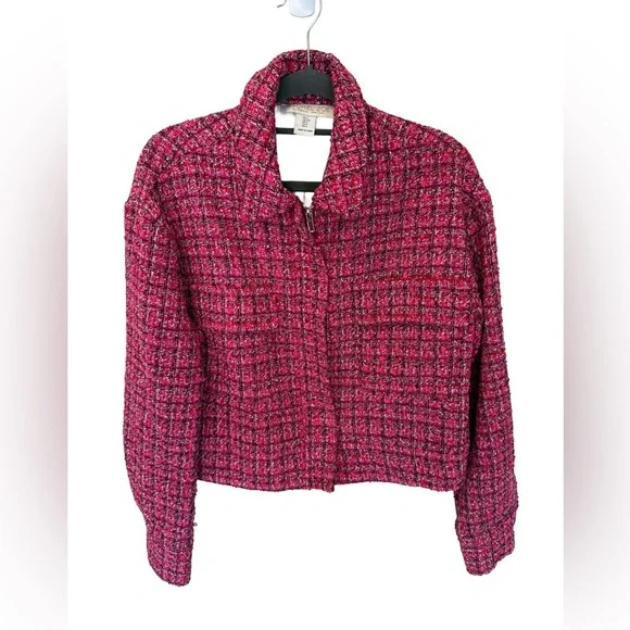 Rachel Zoe Pink Tweed Bouclé Cropped Zip Jacket Blazer S - Picture 3 of 13